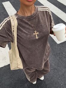 Muchica 女款拼色上衣與長褲休閒街頭風日常套裝 機場穿搭 深灰色 夏季 - 棕色 - 查看 6