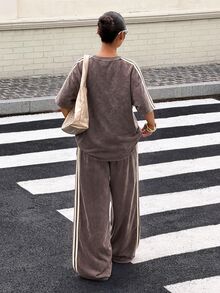 Muchica 女款拼色上衣與長褲休閒街頭風日常套裝 機場穿搭 深灰色 夏季 - 棕色 - 查看 2