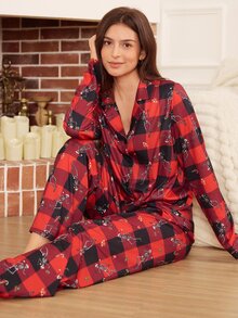 Doze Lane Funny Skeleton Christmas Hat Red & Black Plaid Collar Long Sleeve Pajama Set - Burgundy - View 4