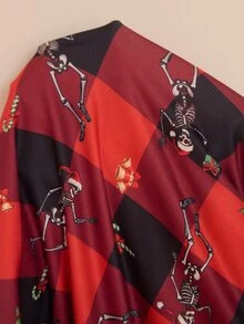 Doze Lane Funny Skeleton Christmas Hat Red & Black Plaid Collar Long Sleeve Pajama Set - Burgundy - View 11