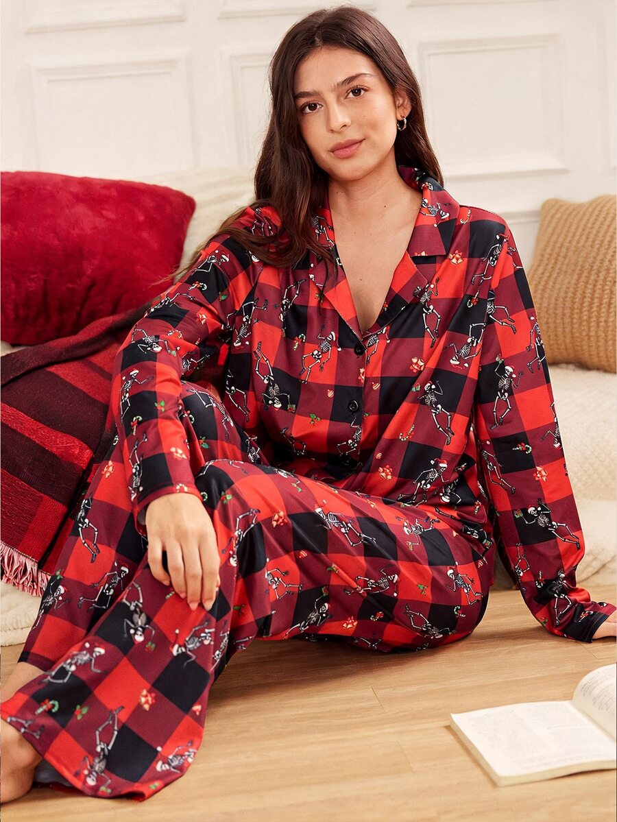 Doze Lane Funny Skeleton Christmas Hat Red & Black Plaid Collar Long Sleeve Pajama Set - Burgundy - View 1