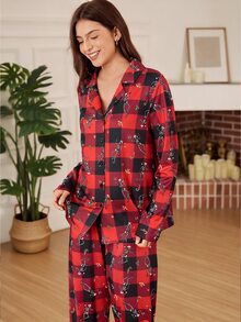 Doze Lane Funny Skeleton Christmas Hat Red & Black Plaid Collar Long Sleeve Pajama Set - Burgundy - View 2