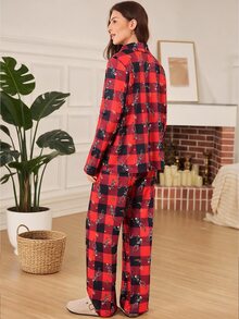 Doze Lane Funny Skeleton Christmas Hat Red & Black Plaid Collar Long Sleeve Pajama Set - Burgundy - View 3