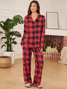 Doze Lane Funny Skeleton Christmas Hat Red & Black Plaid Collar Long Sleeve Pajama Set - Burgundy - View 5