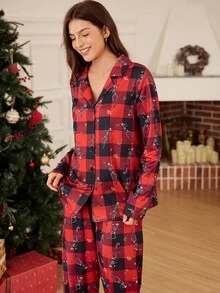 Doze Lane Funny Skeleton Christmas Hat Red & Black Plaid Collar Long Sleeve Pajama Set - Burgundy - View 6
