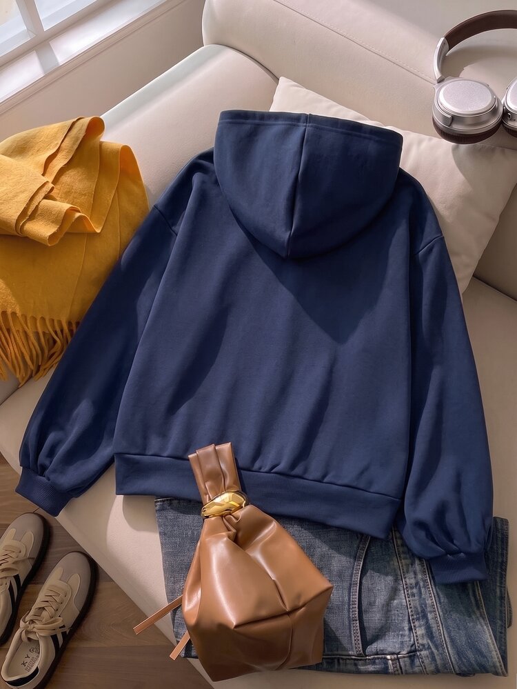 SHEIN Teen GirlCasual Versatile Regular Loose Korean Style Open Front Sweatshirt Jacket, Back To School Season Autumn Fall - Navy Blue - View 3