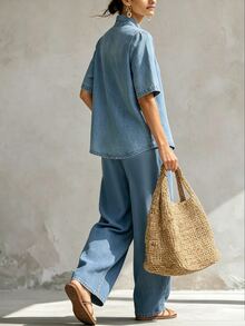 Everyssa Women's V-Neck Short Sleeve Top And Pocket Long Pants Casual Daily 2 Pieces Set - Blue - View 2