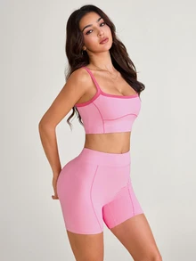 SHEIN Sovereign Charm 女款拼色短版細肩帶背心上衣與短褲運動套裝 - 彩色 - 查看 5