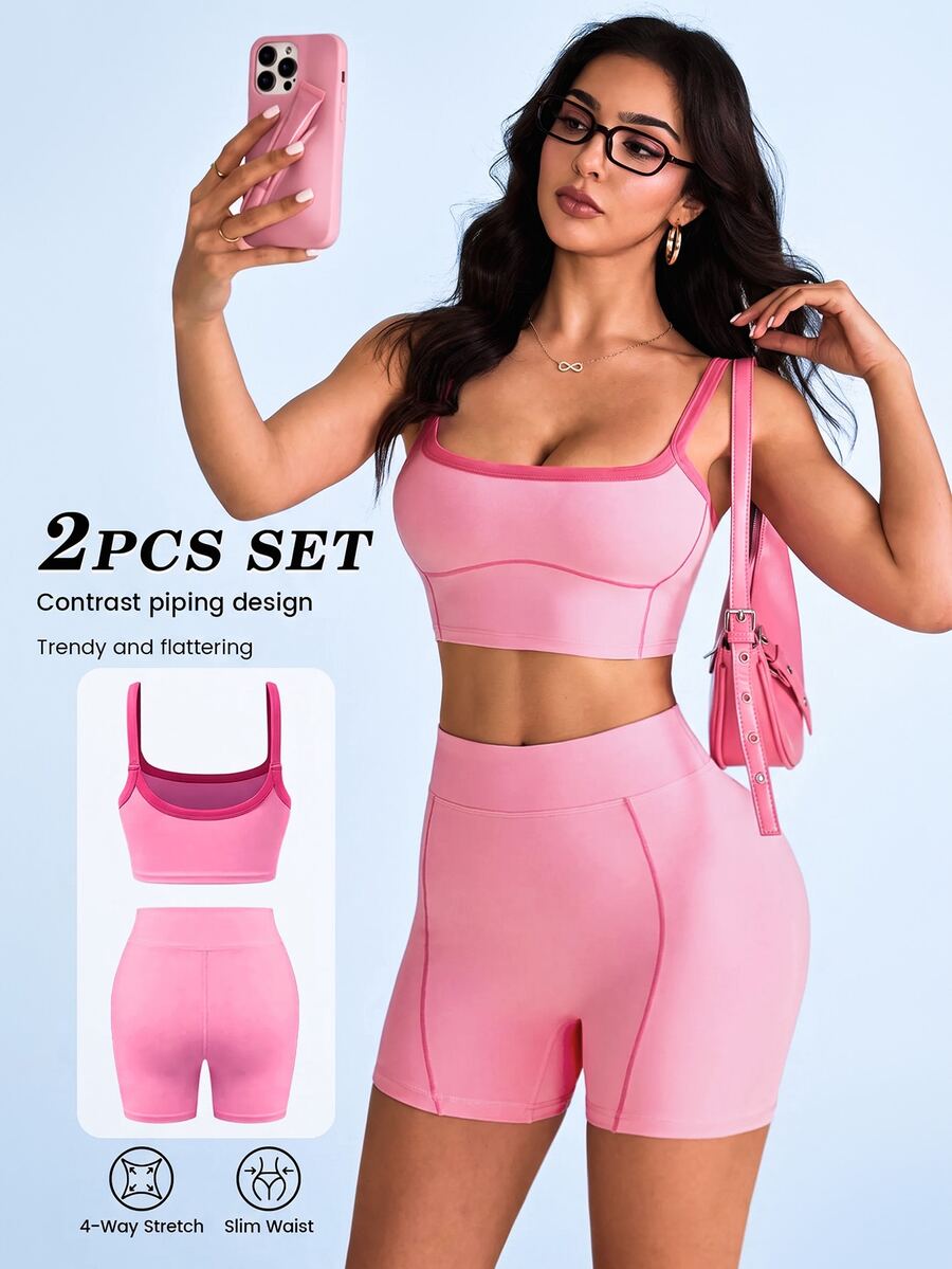 SHEIN Sovereign Charm 女款拼色短版細肩帶背心上衣與短褲運動套裝