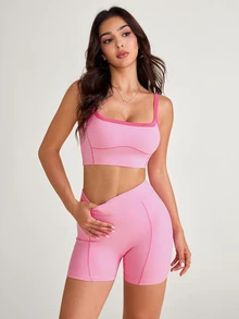SHEIN Sovereign Charm 女款拼色短版細肩帶背心上衣與短褲運動套裝 - 彩色 - 查看 6