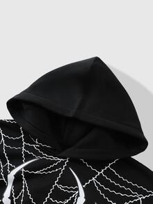 ROMWE MEN Spider Print Loose Hoodie, Street Retro - Black - View 3