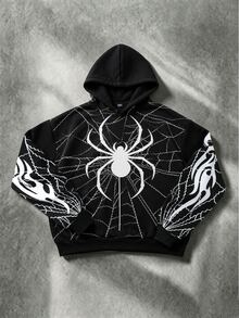 ROMWE MEN Spider Print Loose Hoodie, Street Retro - Black - View 7