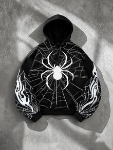 ROMWE MEN Spider Print Loose Hoodie, Street Retro - Black - View 1