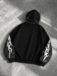 ROMWE MEN Spider Print Loose Hoodie, Street Retro - Black - View 2