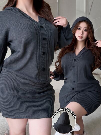 Vibekara Plus Size Women's Lazy Pure Desire Style Solid Dark Gray Hooded Single-Breasted Faux Placket Casual Long Sleeve High Waist Knit Sweater Dress, Suitable For Daily Commute/Home Leisure/Outing Date/Fashion Versatile/Spring Autumn Winter Wear Vintage Casual Hooded Faux Placket Knit Sweater Dress