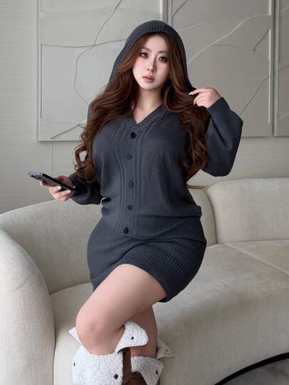 Vibekara Plus Size Women's Lazy Pure Desire Style Solid Dark Gray Hooded Single-Breasted Faux Placket Casual Long Sleeve High Waist Knit Sweater Dress, Suitable For Daily Commute/Home Leisure/Outing Date/Fashion Versatile/Spring Autumn Winter Wear Vintage Casual Hooded Faux Placket Knit Sweater Dress