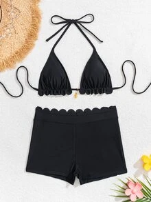 Swim Vcay Women's Black Solid Nylon Material Halter Neck Design Simple Vacation Style Swimwear Set For Summer - Black - View 5