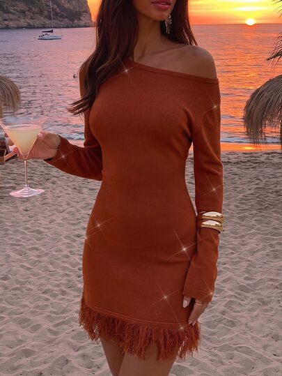 Opulessa Women's Solid Color Asymmetric Collar Tassel Hem Knit Dress