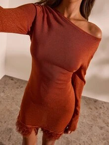 Opulessa Women's Solid Color Asymmetric Collar Tassel Hem Knit Dress - Brown - View 5