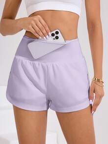 SHEIN Sovereign Charm Women's Solid Color Waist Pocket Sports Shorts - Mauve Purple - View 4