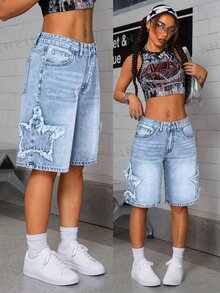 SHEIN ICON Embroidered Star Washed Low-Waist Women Denim Shorts - Light Wash - View 1