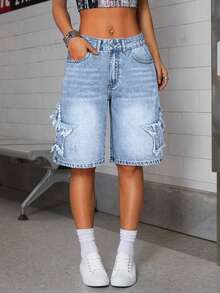 SHEIN ICON Embroidered Star Washed Low-Waist Women Denim Shorts - Light Wash - View 3