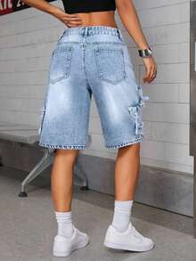 SHEIN ICON Embroidered Star Washed Low-Waist Women Denim Shorts - Light Wash - View 5