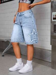SHEIN ICON Embroidered Star Washed Low-Waist Women Denim Shorts - Light Wash - View 6