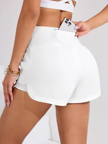 SHEIN Sovereign Charm Solid Color High Waist Split Hem Summer Fashion Sports Shorts - White - View 4