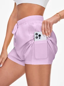 SHEIN Sovereign Charm Shorts deportivos minimalistas de malla con cintura de cordón y bolsillos para mujer - Púrpura malva - Ver 3
