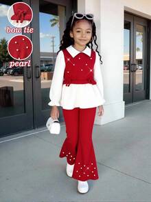 Girls' Casual Shirt Set Spring Fall Khaki Color 3D Bow Design Beaded Knit Brushed Ribbed Fabric Patchwork Woven Fabric White Long Sleeve Turn Collar R - Red - View 9