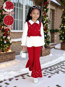 Girls' Casual Shirt Set Spring Fall Khaki Color 3D Bow Design Beaded Knit Brushed Ribbed Fabric Patchwork Woven Fabric White Long Sleeve Turn Collar R - Red - View 4