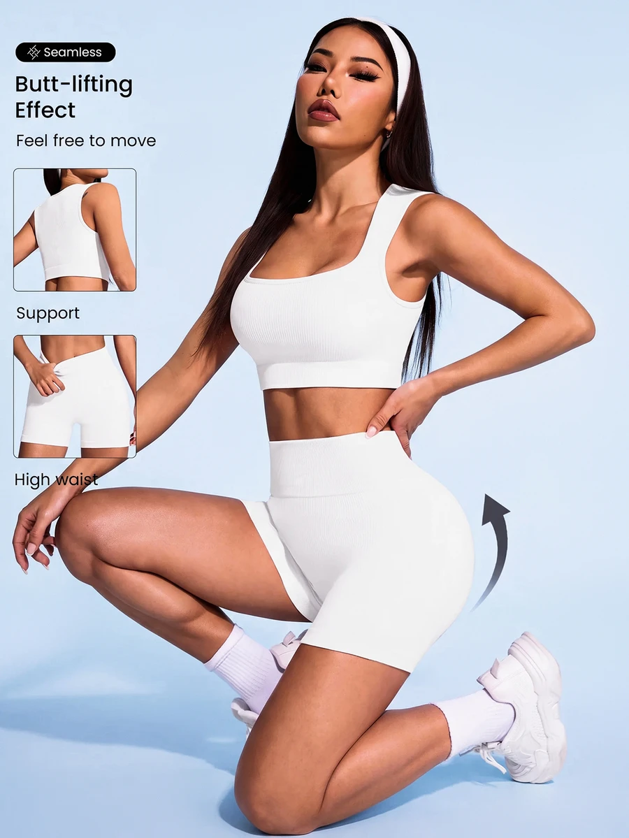 SHEIN Sovereign Charm Women Solid Color Ribbed Sports Vest And Shorts Set