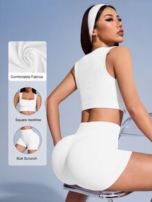 SHEIN Sovereign Charm Women Solid Color Ribbed Sports Vest And Shorts Set - White - View 3