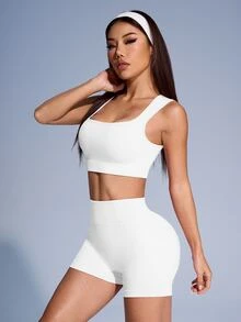 SHEIN Sovereign Charm Women Solid Color Ribbed Sports Vest And Shorts Set - White - View 6