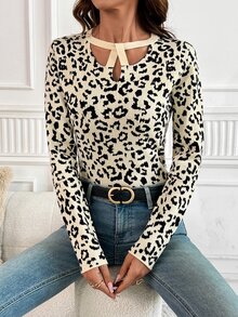 SHEIN Clasi Áo len nữ tay dài dáng ôm họa tiết da báo, phong cách thường ngày đa năng - Cà phê nâu - Xem 5