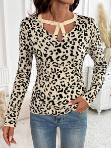 SHEIN Clasi Áo len nữ tay dài dáng ôm họa tiết da báo, phong cách thường ngày đa năng - Cà phê nâu - Xem 4