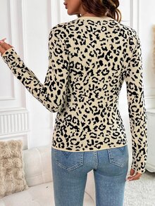 SHEIN Clasi Áo len nữ tay dài dáng ôm họa tiết da báo, phong cách thường ngày đa năng - Cà phê nâu - Xem 2