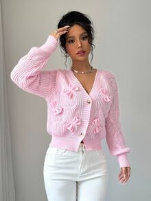 Elenzga Women's Soft Pink Bow Cardigan,Long Sleeve Tops Fall Winter Cloth For Women - Pink - View 4