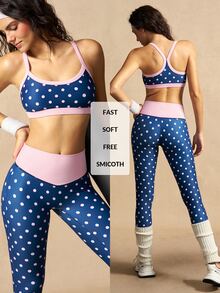 VARSIVA Women's Polka Dot Print Cropped Camisole And Leggings Sports Activewear Set - Blue - View 14