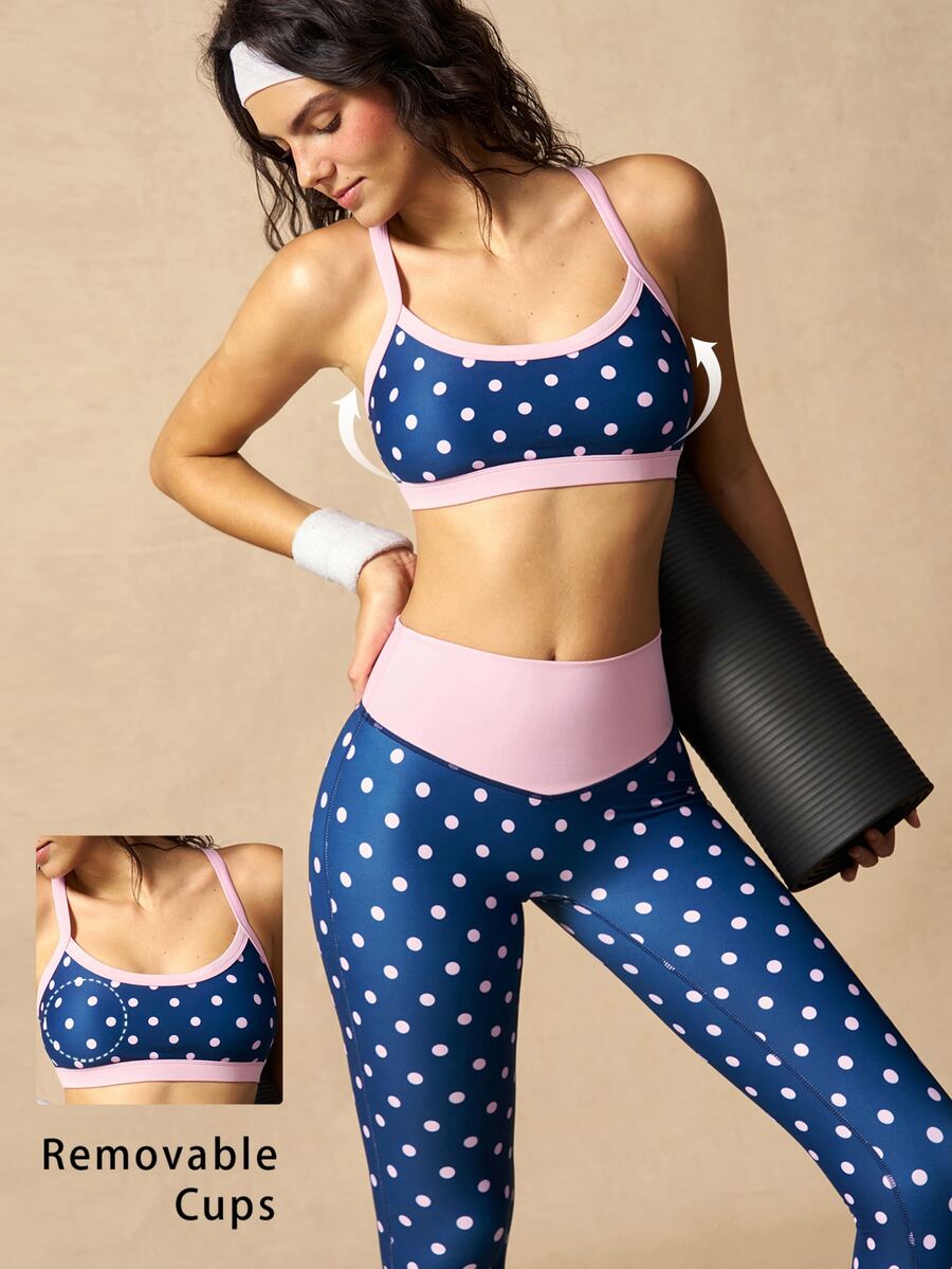 VARSIVA Women's Polka Dot Print Cropped Camisole And Leggings Sports Activewear Set - Blue - View 1