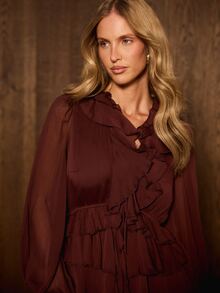 AiiRZ Tiered Ruffle Mini Dress With Plunge V-Neck Long Puff Sleeves And Tie Detail Perfect For Party And Holiday Season - Burgundy - View 5