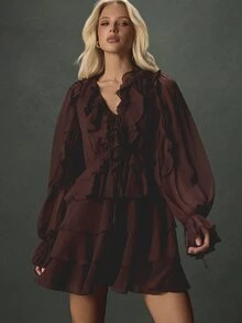 AiiRZ Tiered Ruffle Mini Dress With Plunge V-Neck Long Puff Sleeves And Tie Detail Perfect For Party And Holiday Season - Burgundy - View 1
