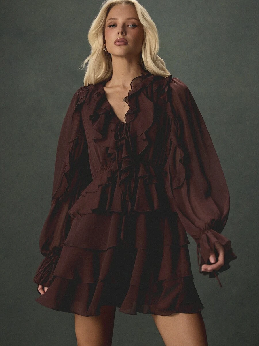 AiiRZ Tiered Ruffle Mini Dress With Plunge V-Neck Long Puff Sleeves And Tie Detail Perfect For Party And Holiday Season - Burgundy - View 1