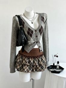 Elamini Rok Pendek Wanita Motif Kotak-kotak Vintage Dua Lapis dengan Rumbai - Coklat - View 1