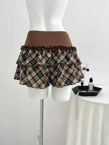 Elamini Rok Pendek Wanita Motif Kotak-kotak Vintage Dua Lapis dengan Rumbai - Coklat - View 2