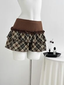 Elamini Rok Pendek Wanita Motif Kotak-kotak Vintage Dua Lapis dengan Rumbai - Coklat - View 3