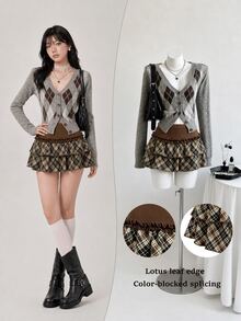 Elamini Rok Pendek Wanita Motif Kotak-kotak Vintage Dua Lapis dengan Rumbai - Coklat - View 4