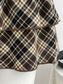Elamini Rok Pendek Wanita Motif Kotak-kotak Vintage Dua Lapis dengan Rumbai - Coklat - View 8