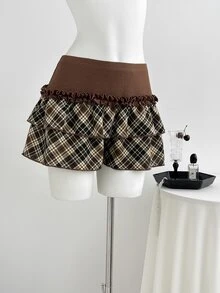 Elamini Rok Pendek Wanita Motif Kotak-kotak Vintage Dua Lapis dengan Rumbai - Coklat - View 5